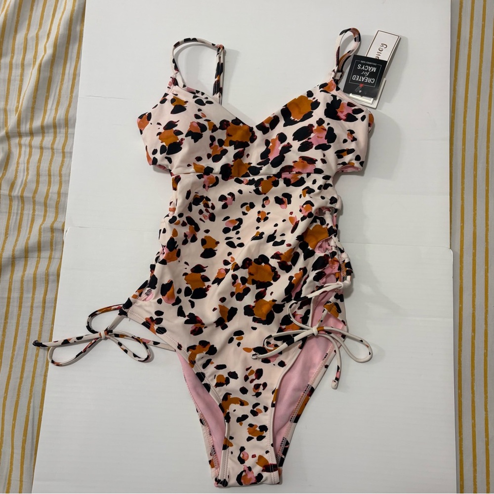 Hula Honey Women's One Piece Swimsuit Pink Animal Print Lace Up Side Deep V Smal - Picture 4 of 9